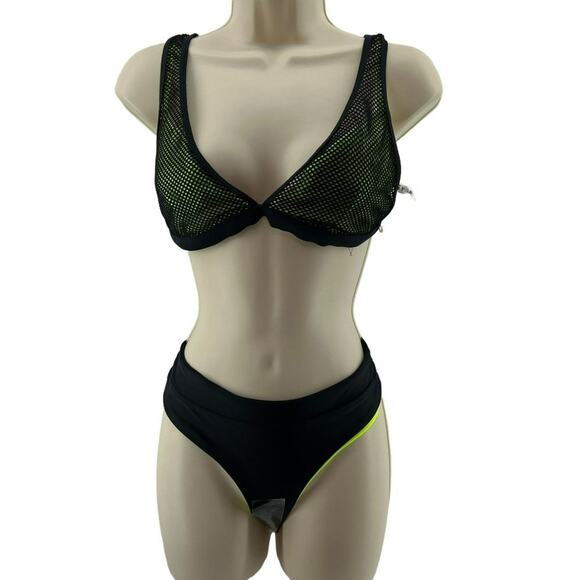 Fabletics Neon Yellow Mesh Top Reversible Bottom Bikini Set Womens - Picture 3 of 10